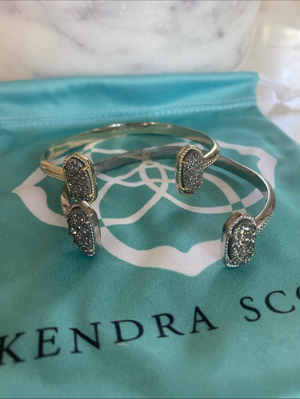 2 Kendra Scott Elton Silver Cuff and Gold Cuff Bracelets in Platinum Drusy w/Bag